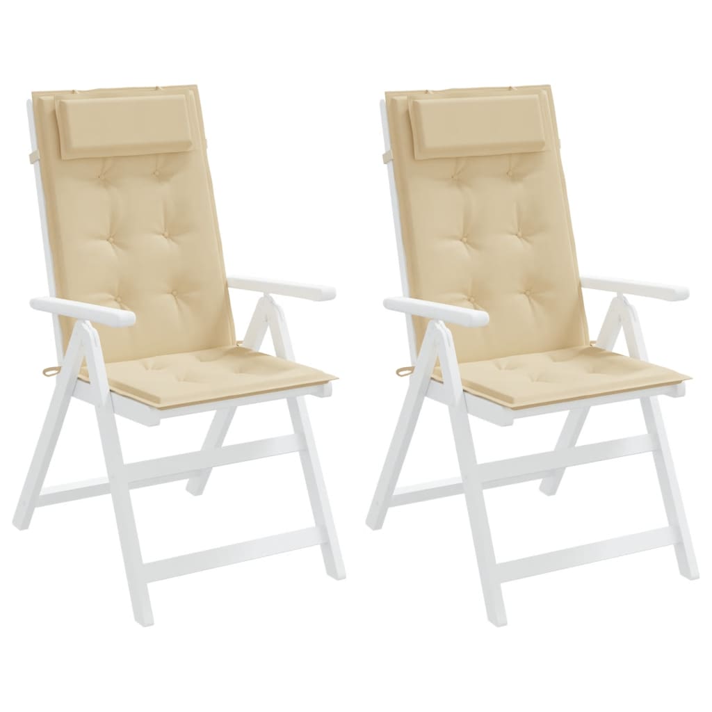 Two beige Oxford fabric highback chair cushions with ties, sold as a pack.