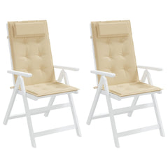 Two beige Oxford fabric highback chair cushions with ties, sold as a pack.