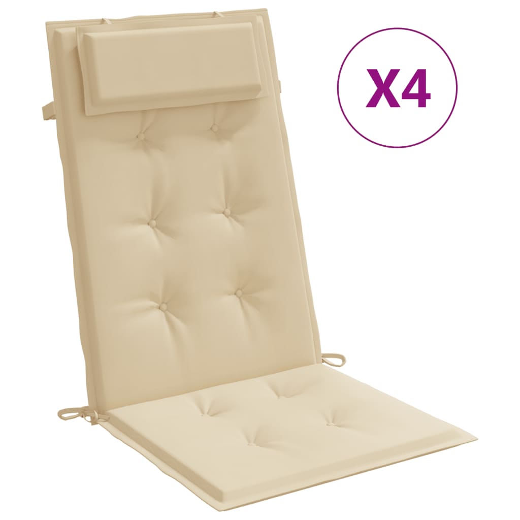Beige Oxford fabric highback chair cushions, 4-pack, with ties and headrests.