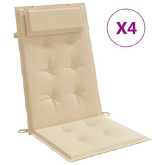 Beige Oxford fabric highback chair cushions, 4-pack, with ties and headrests.