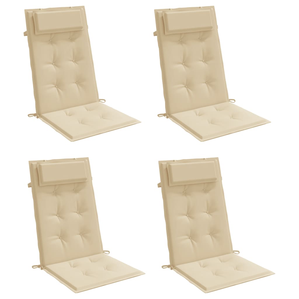 Four beige Oxford fabric highback chair cushions with headrests and ties.