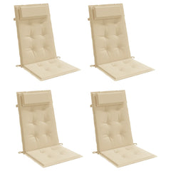 Four beige Oxford fabric highback chair cushions with headrests and ties.