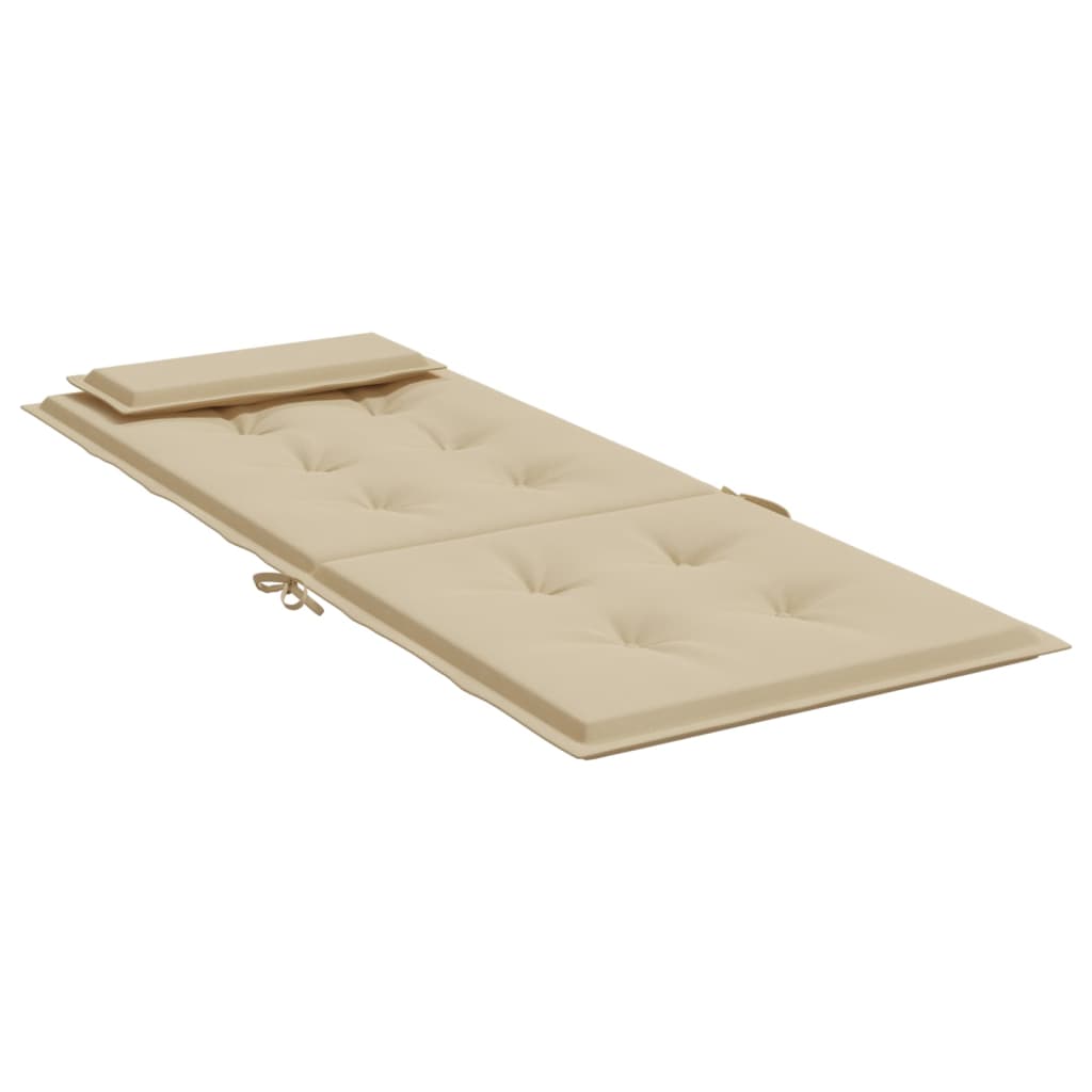 A pack of four beige Oxford fabric cushions for highback patio chairs with ties.