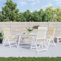 Four beige Oxford fabric highback chair cushions on patio chairs around a white table.