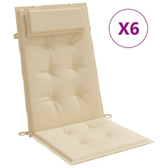 Beige Oxford fabric highback chair cushions, 6-pack, with headrest and ties.