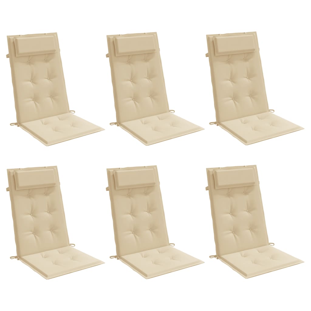 Set of six beige Oxford fabric highback chair cushions with headrests.