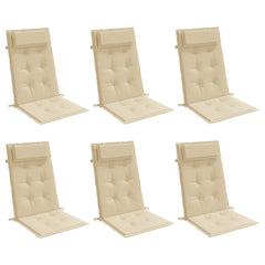 Set of six beige Oxford fabric highback chair cushions with headrests.