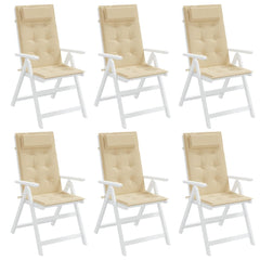 Set of six beige Oxford fabric cushions for highback patio chairs with headrests.