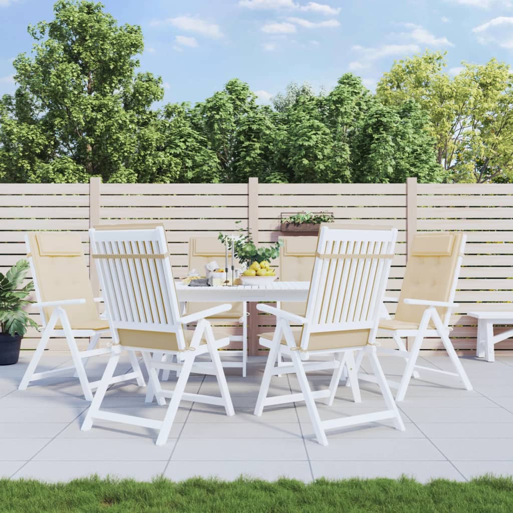 Six beige Oxford fabric cushions with headrests for highback patio chairs, shown on white wooden chairs around an outdoor table.