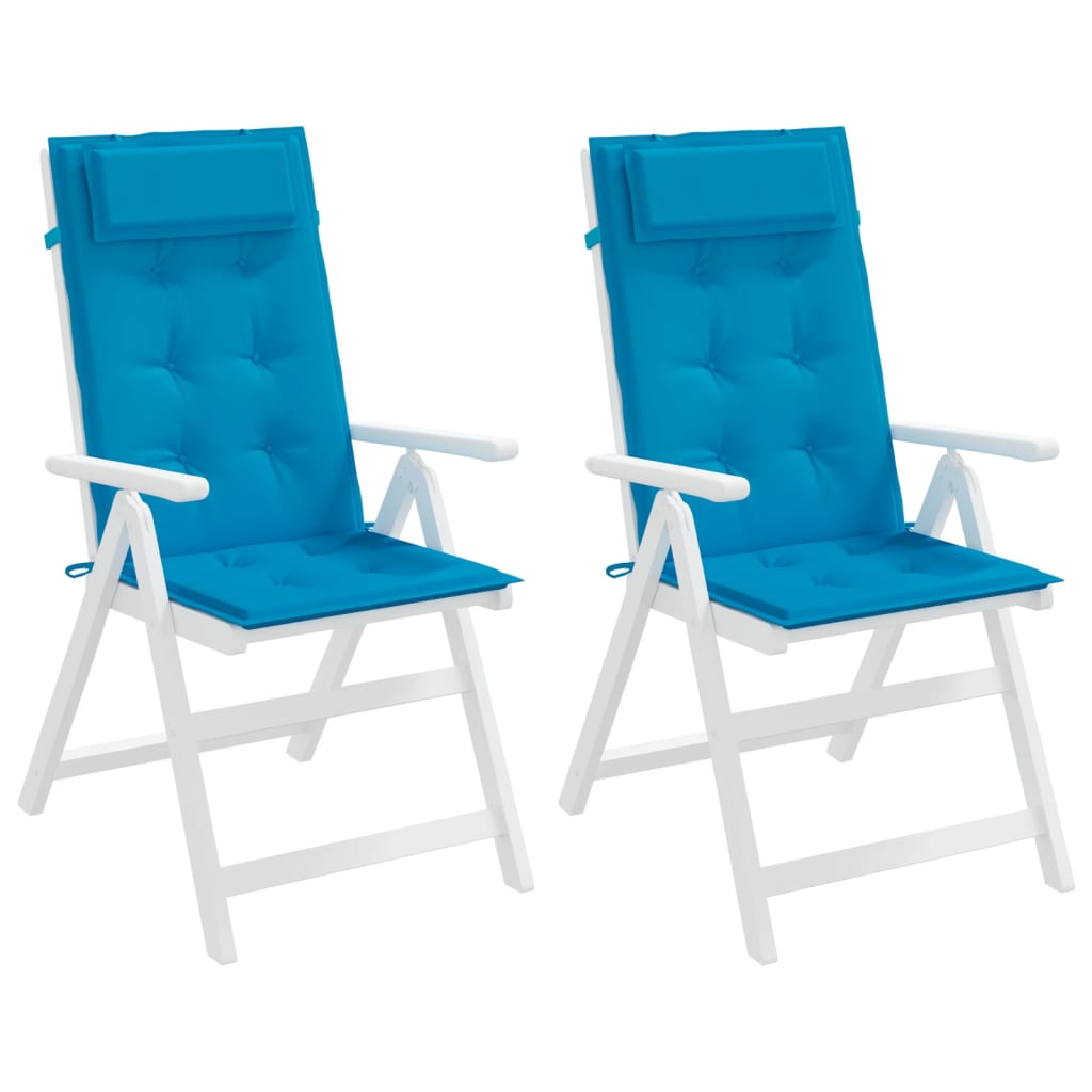 Two light blue Oxford fabric highback chair cushions with headrests, 2-pack.
