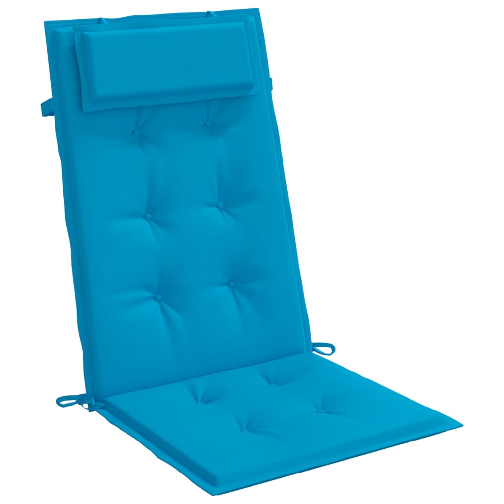 Two light blue Oxford fabric highback chair cushions with tufted padding and headrest.