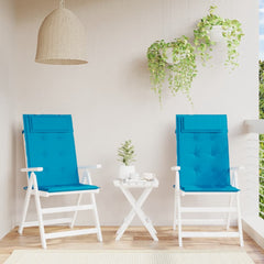 Two light blue Oxford fabric highback chair cushions on white patio chairs.