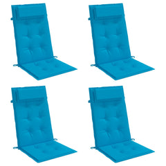 Four light blue Oxford fabric highback chair cushions with tufted design and straps.