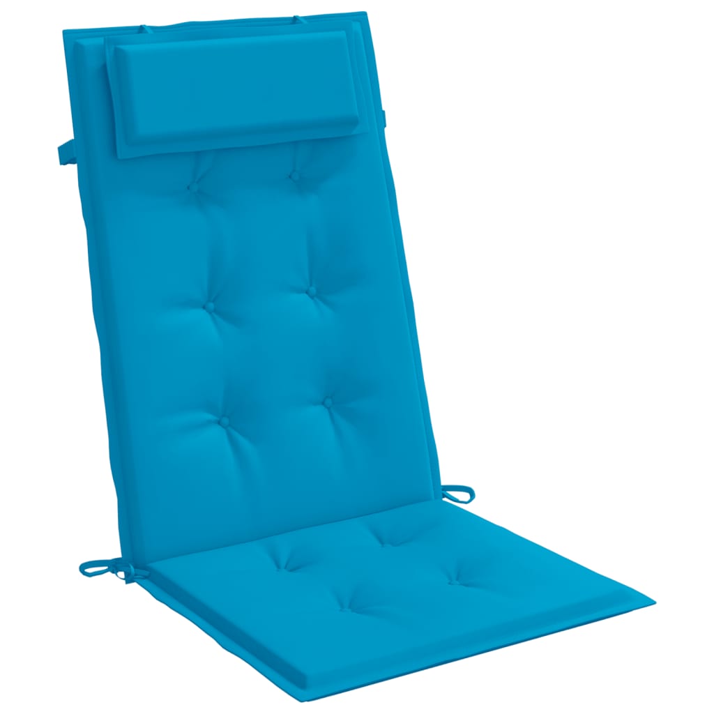 Light blue Oxford fabric highback chair cushions, 4-pack, with tufted padding and straps.