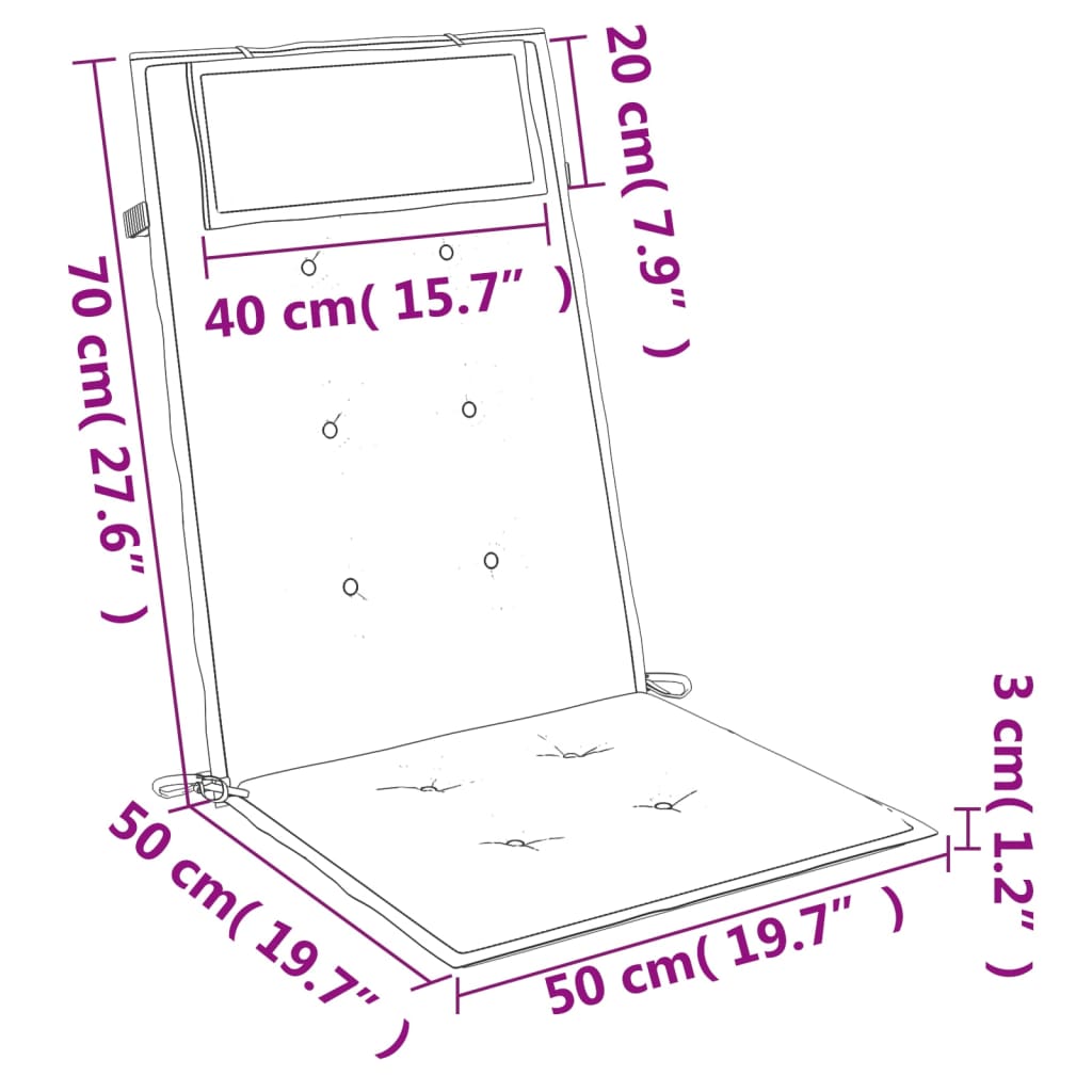 Diagram of light blue highback chair cushion measuring 70 cm high, 50 cm wide, 3 cm thick.