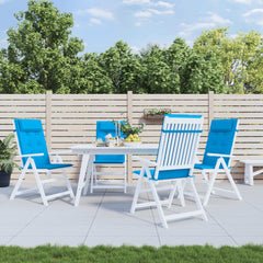 Four light blue Oxford fabric cushions on highback chairs around an outdoor table.