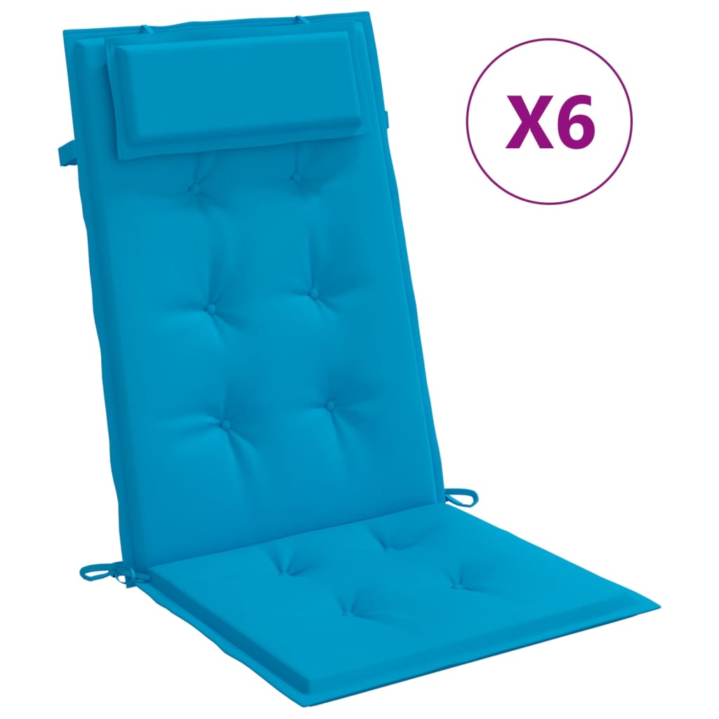 Six light blue Oxford fabric highback chair cushions with headrests and ties.