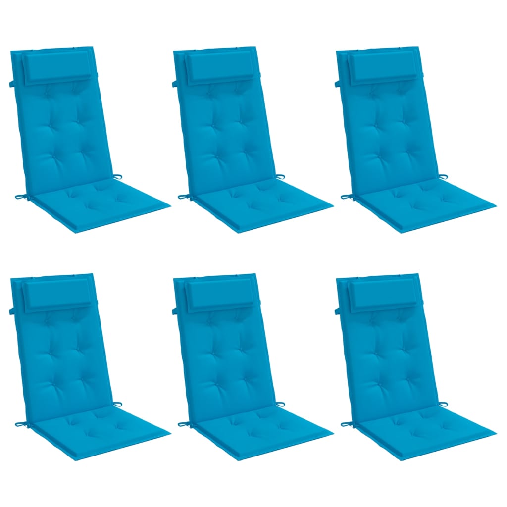 Six light blue highback chair cushions with Oxford fabric and headrests.