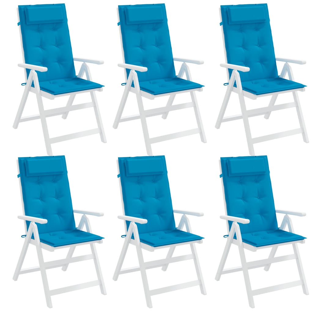 Six light blue Oxford fabric highback chair cushions with ties.