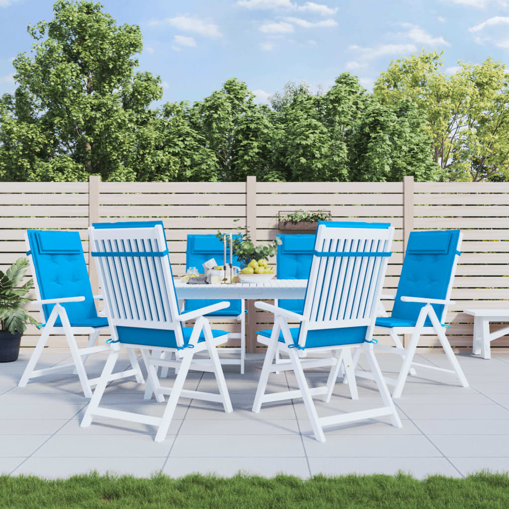 Six light blue Oxford fabric highback chair cushions on white patio chairs around a table.