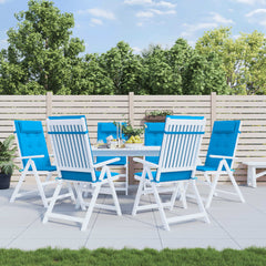 Six light blue Oxford fabric highback chair cushions on white patio chairs around a table.