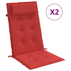 Two red Oxford fabric highback chair cushions with ties and headrests, sold as a 2-pack.