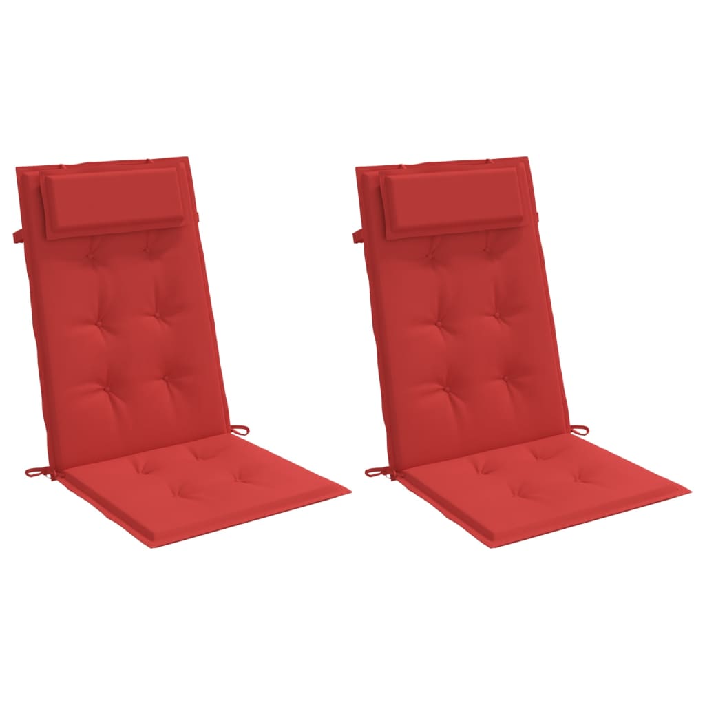 Two red Oxford fabric highback chair cushions with tufted seats and headrests.