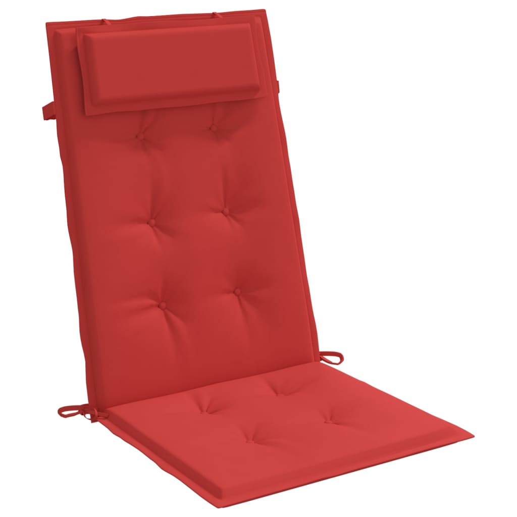 Two red Oxford fabric highback chair cushions with ties and tufted design.