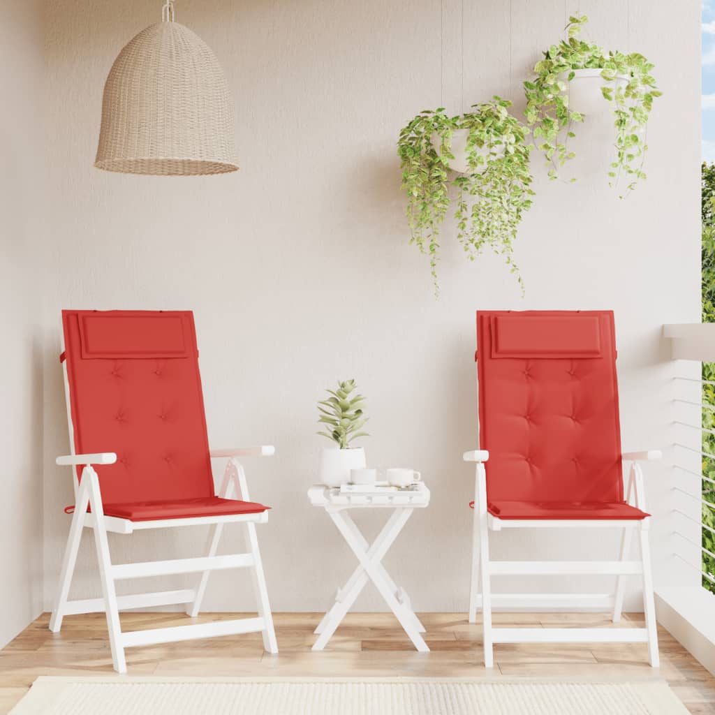 Two red Oxford fabric highback chair cushions on white patio chairs.