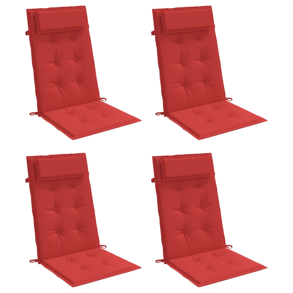 Four red Oxford fabric highback chair cushions with headrests and ties.