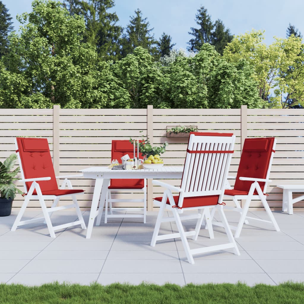 Four red Oxford fabric highback chair cushions on white patio chairs around a table.
