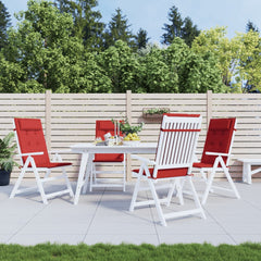 Four red Oxford fabric highback chair cushions on white patio chairs around a table.