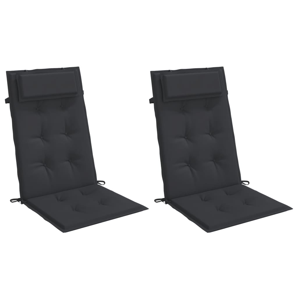 Two black Oxford fabric highback chair cushions with ties and headrests.
