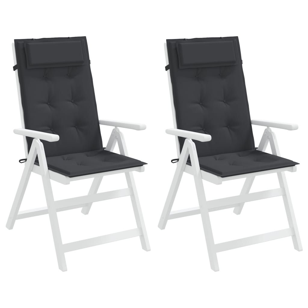 Two black Oxford fabric cushions for highback chairs, featuring padded seats and backs with ties.