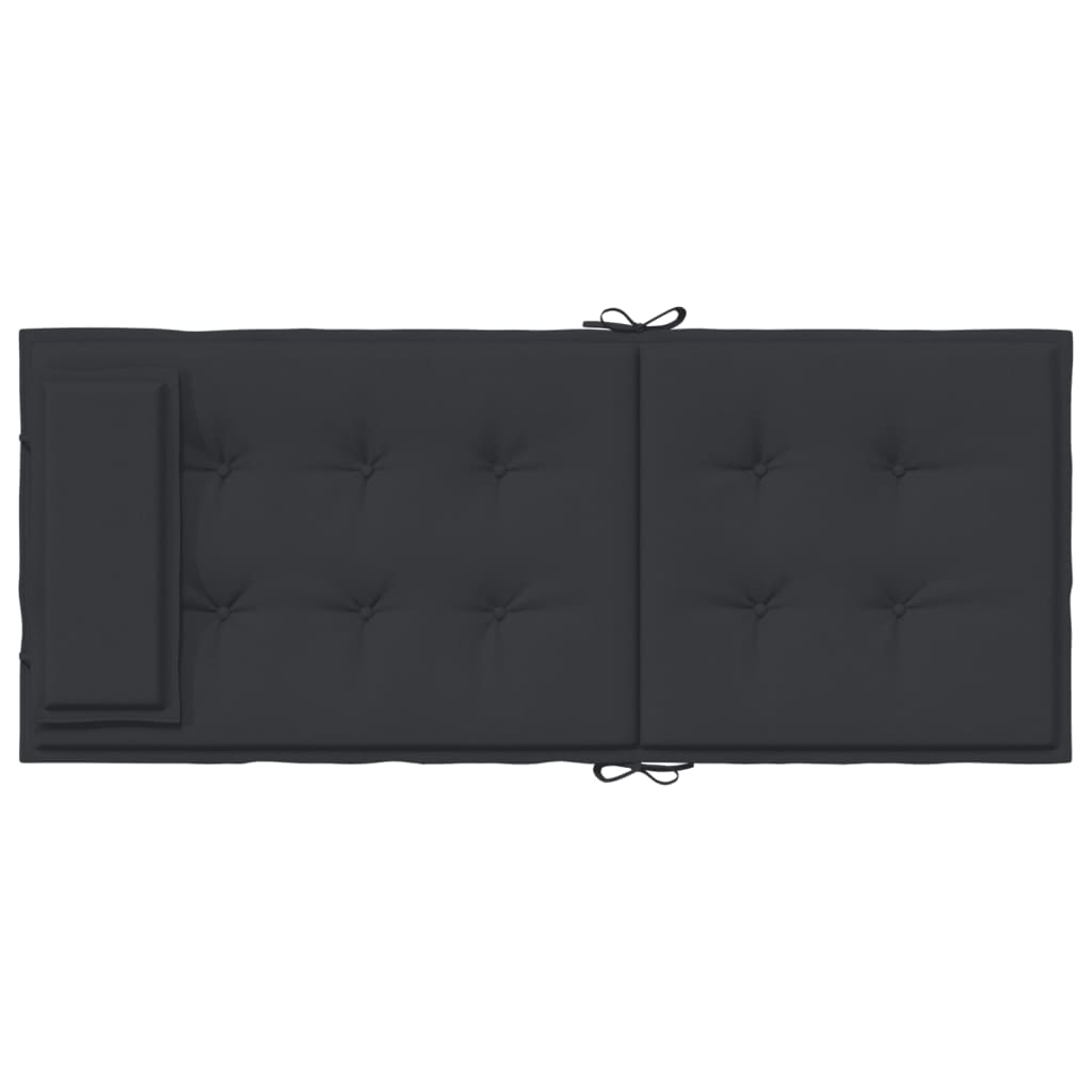 Two black Oxford fabric cushions for highback chairs, with ties and elastic straps.