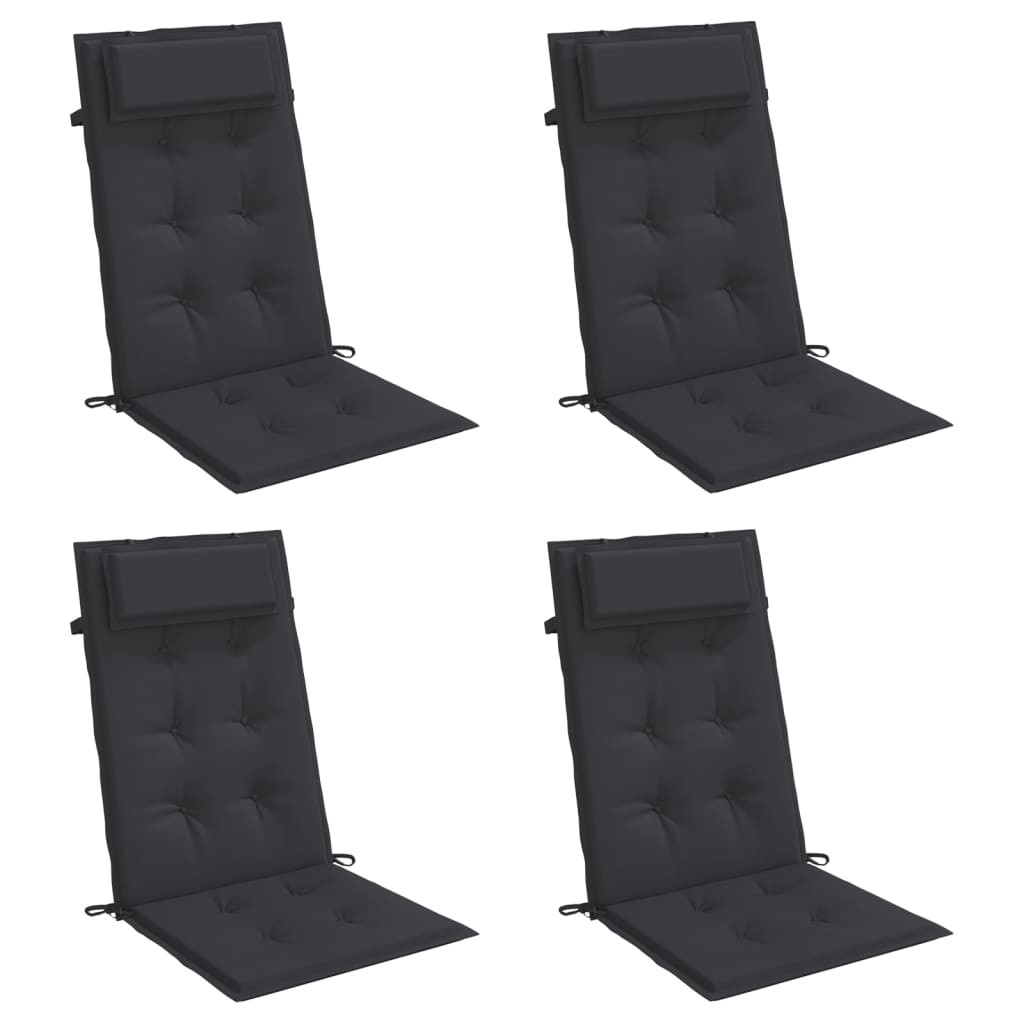 Four black highback chair cushions with Oxford fabric and headrests.