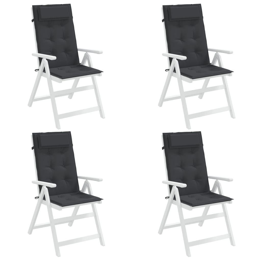Four black Oxford fabric highback chair cushions with ties, shown on white folding chairs.
