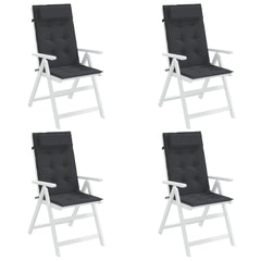 Four black Oxford fabric highback chair cushions with ties, shown on white folding chairs.