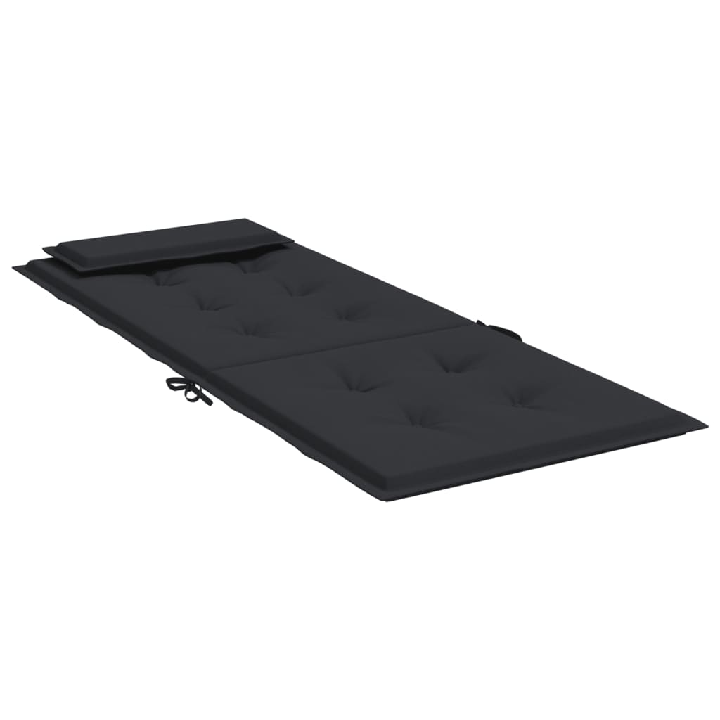 Four black Oxford fabric highback chair cushions with ties, viewed from above.