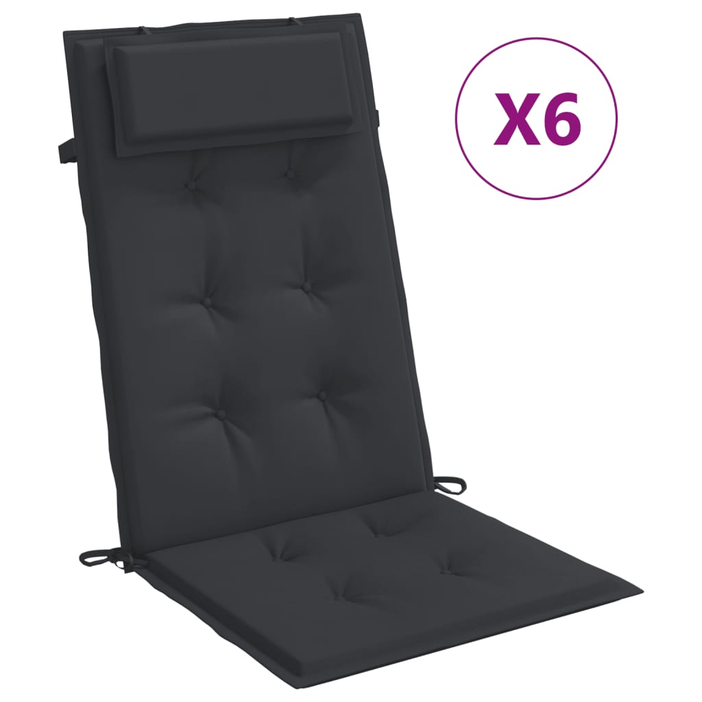 Six black highback chair cushions made of Oxford fabric with ties.