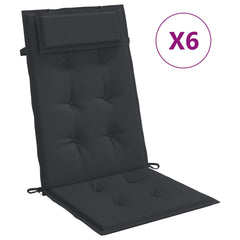 Six black highback chair cushions made of Oxford fabric with ties.