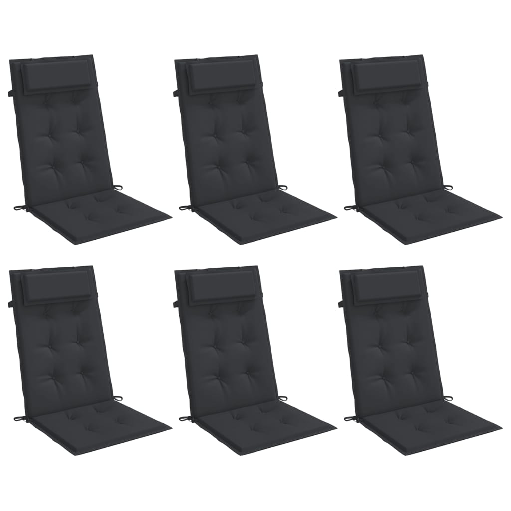Six black Oxford fabric highback chair cushions with ties, shown from multiple angles.