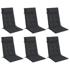Six black Oxford fabric highback chair cushions with ties, shown from multiple angles.