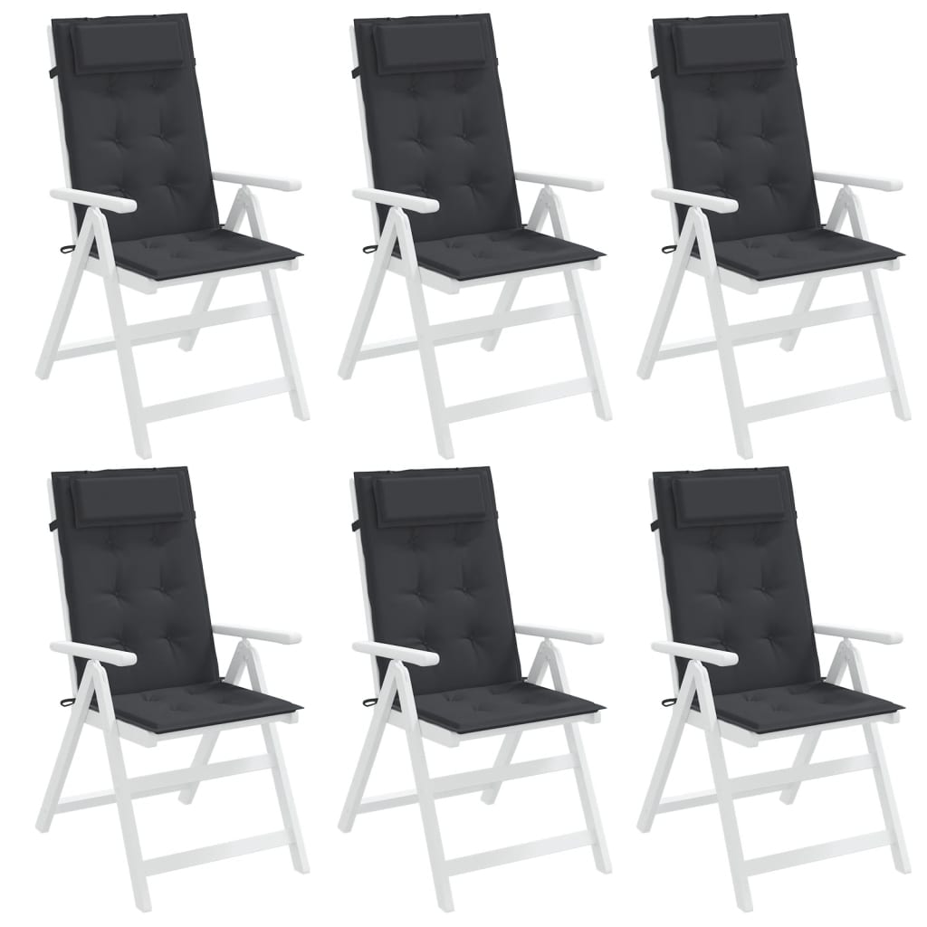 Six black Oxford fabric highback chair cushions with ties and straps.