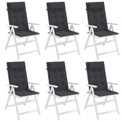 Six black Oxford fabric highback chair cushions with ties and straps.