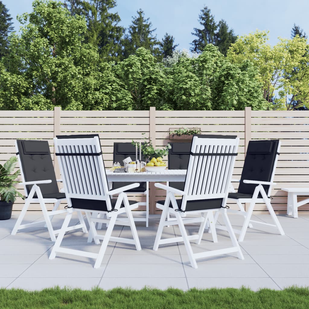 Six black Oxford fabric highback chair cushions on white patio chairs around a table.