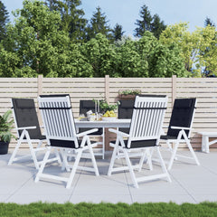 Six black Oxford fabric highback chair cushions on white patio chairs around a table.