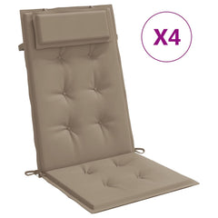 Taupe Oxford fabric highback chair cushions, 4-pack, with tufted padding and straps.