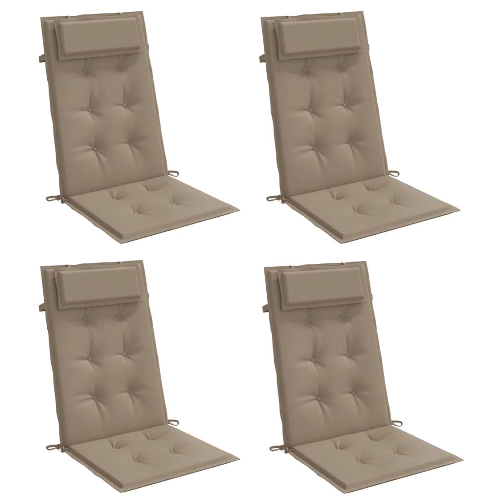 Four taupe Oxford fabric highback chair cushions with headrests and straps.