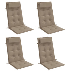 Four taupe Oxford fabric highback chair cushions with headrests and straps.